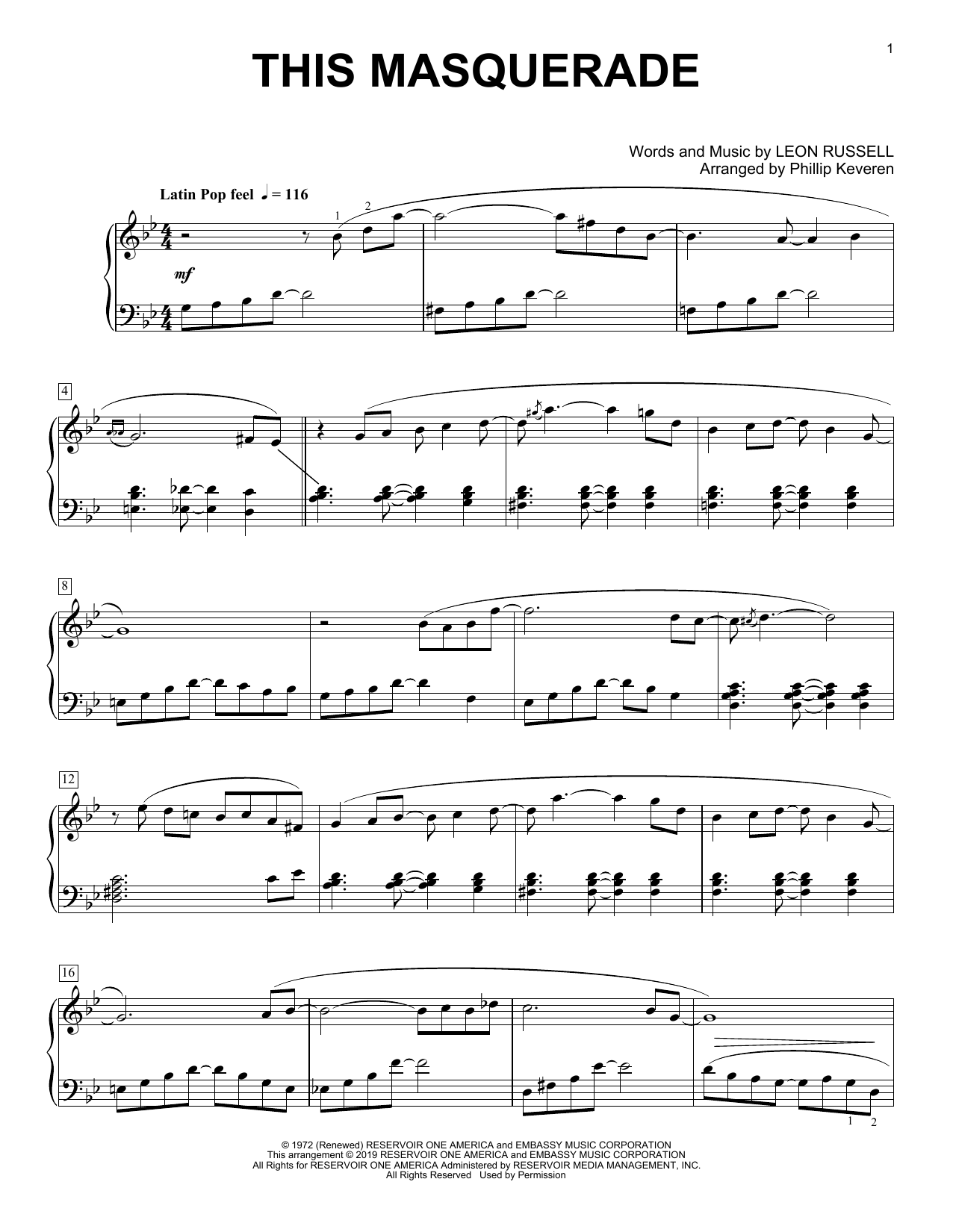 Carpenters This Masquerade (arr. Phillip Keveren) Sheet Music