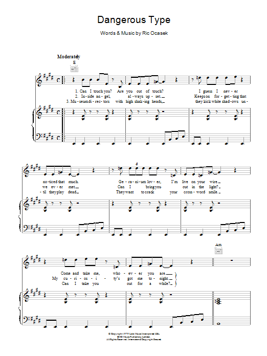 The Cars Dangerous Type Sheet Music