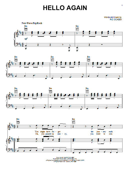 The Cars Hello Again Sheet Music