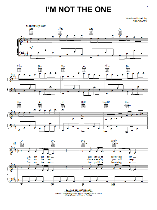 The Cars I'm Not The One Sheet Music