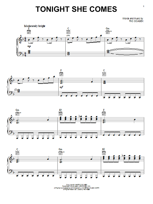 The Cars Tonight She Comes Sheet Music