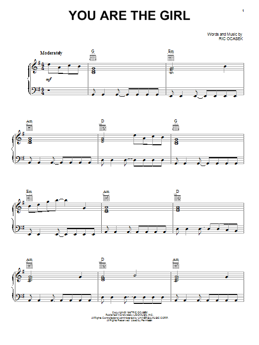 The Cars You Are The Girl Sheet Music
