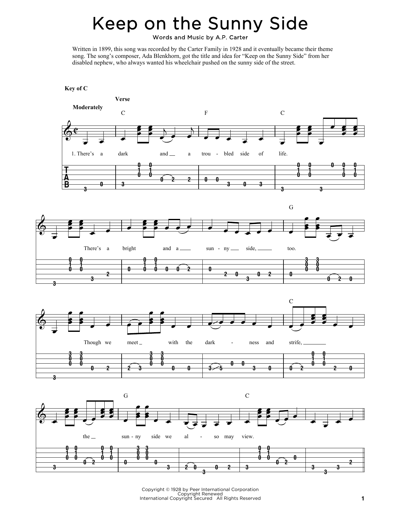 The Carter Family Keep On The Sunny Side (arr. Fred Sokolow) Sheet Music