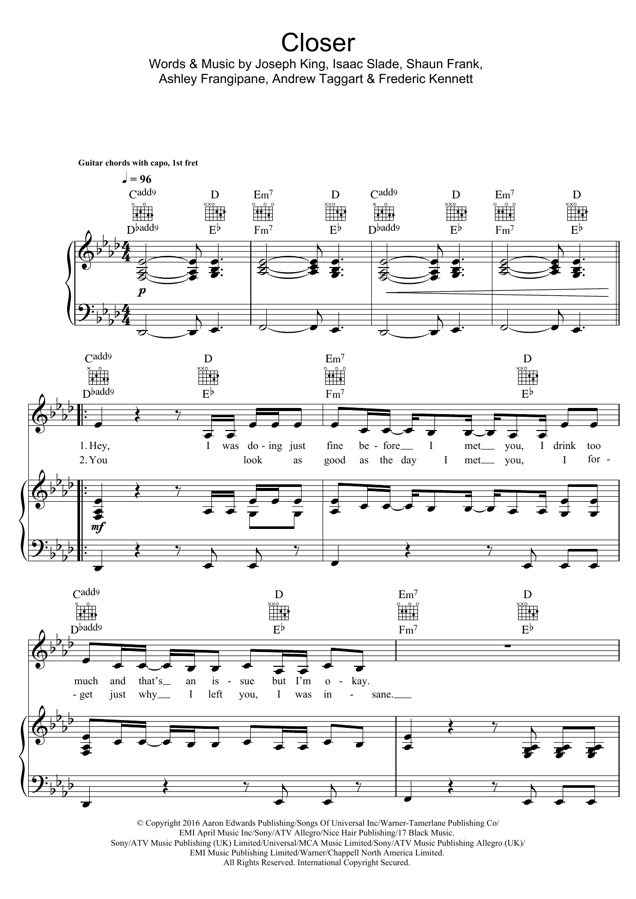 The Chainsmokers Closer (featuring Halsey) Sheet Music