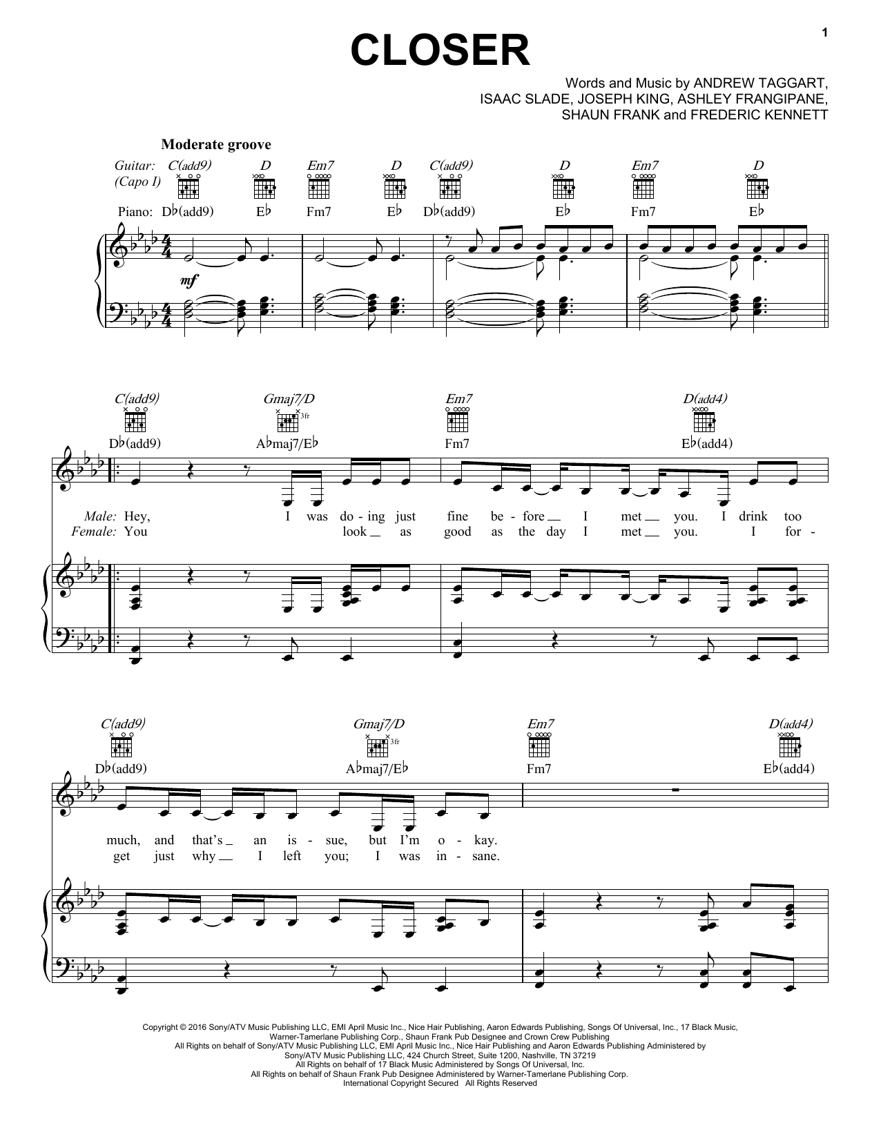 The Chainsmokers featuring Halsey Closer Sheet Music