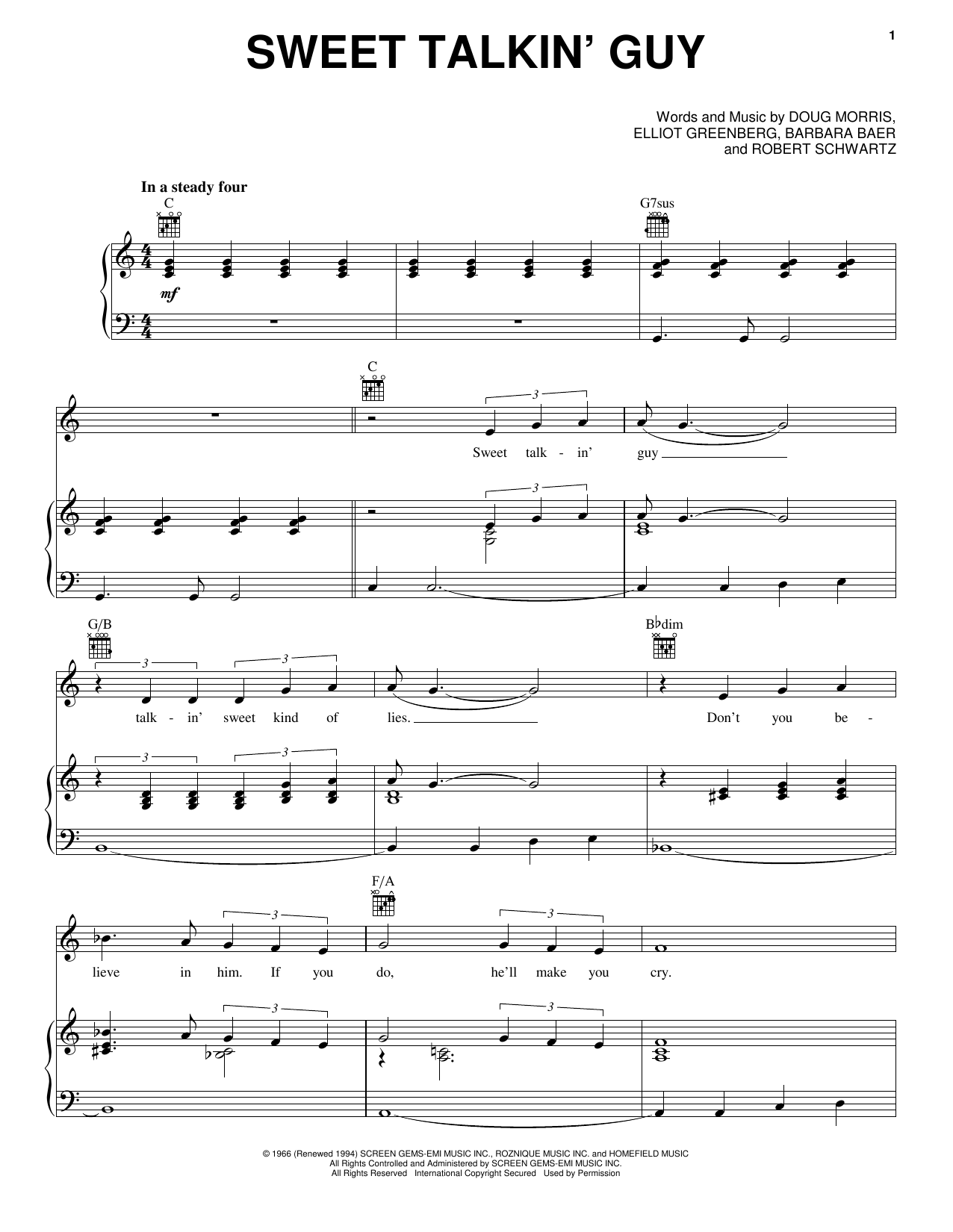 The Chiffons Sweet Talkin' Guy Sheet Music
