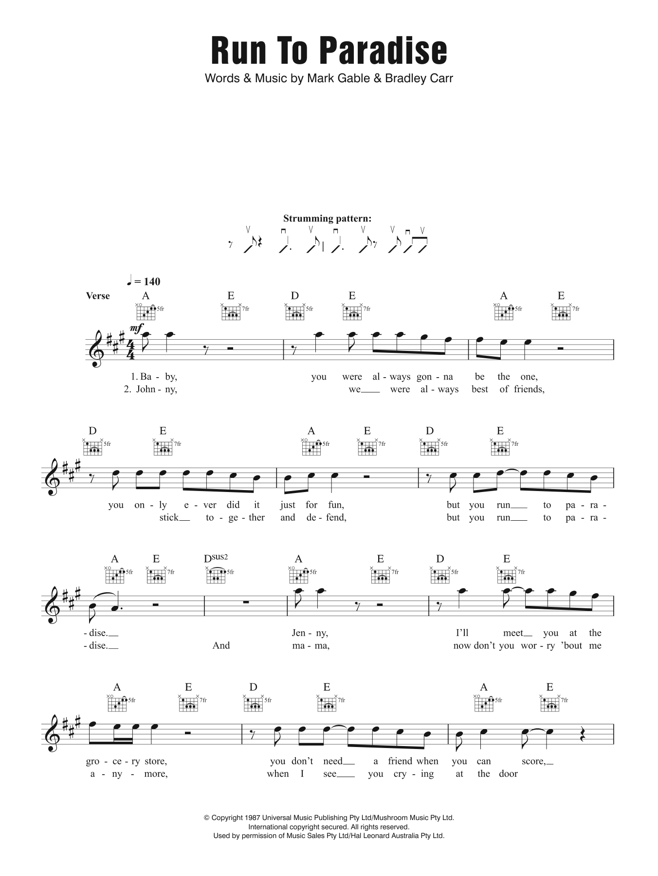 The Choirboys (Aus) Run To Paradise Sheet Music