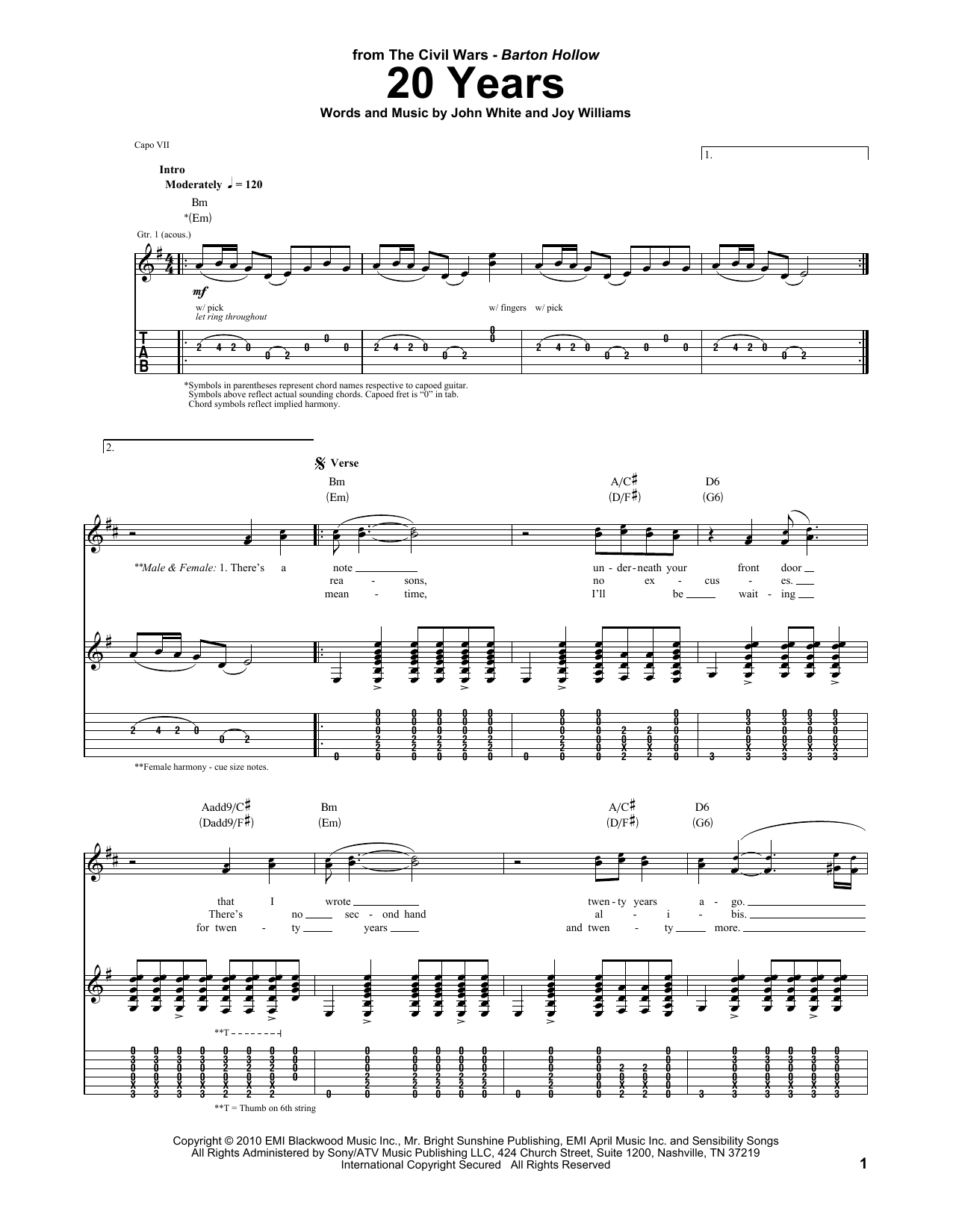 The Civil Wars 20 Years Sheet Music