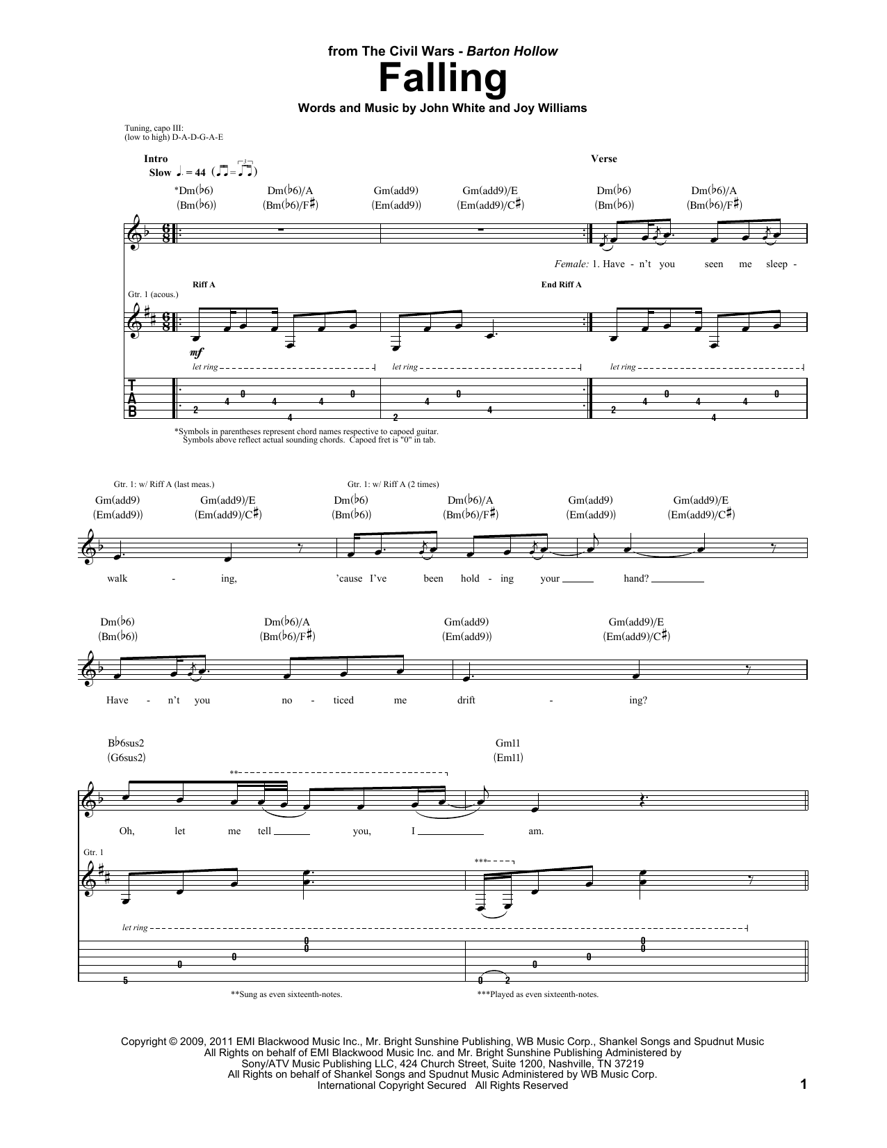 The Civil Wars Falling Sheet Music