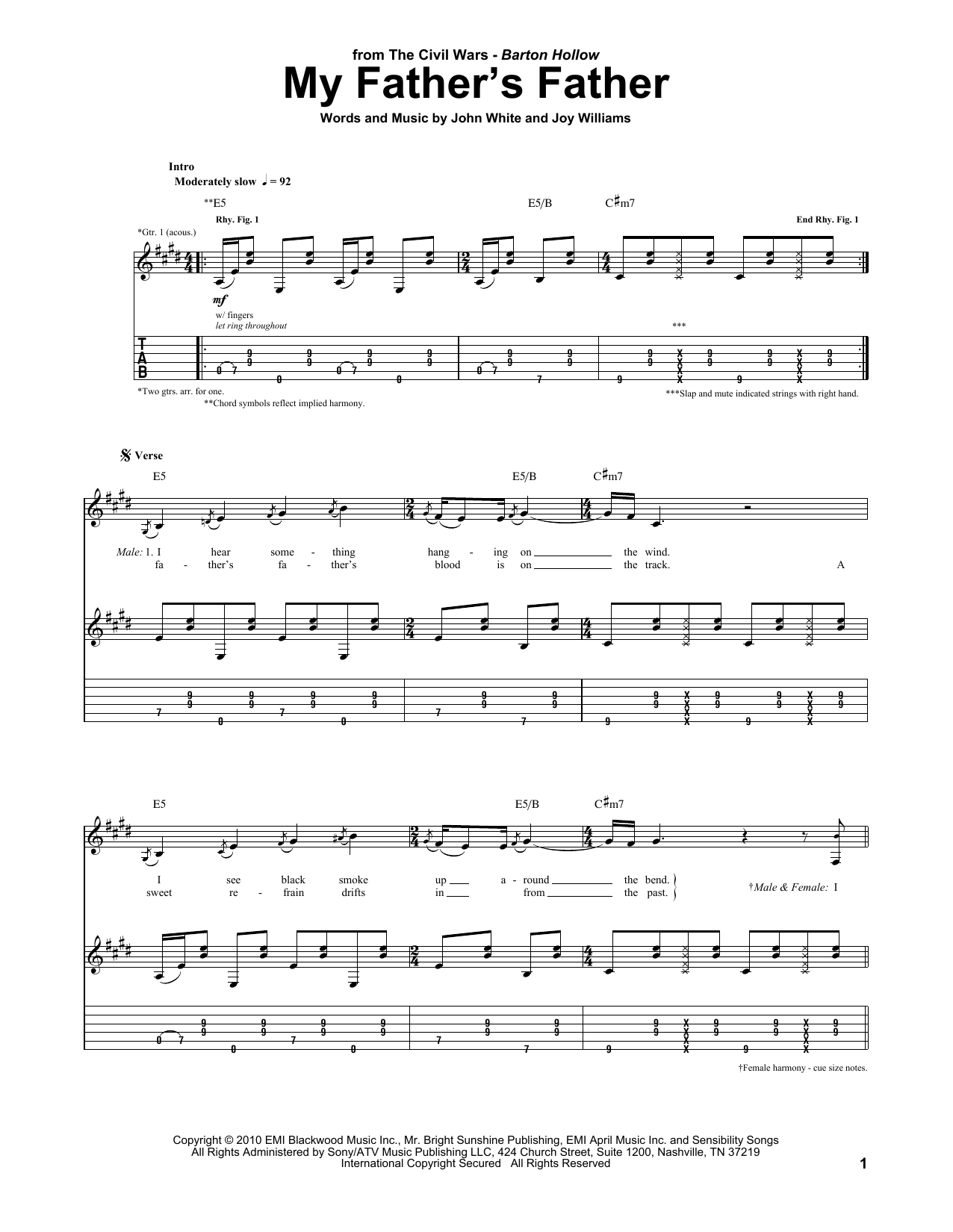 The Civil Wars My Father's Father Sheet Music