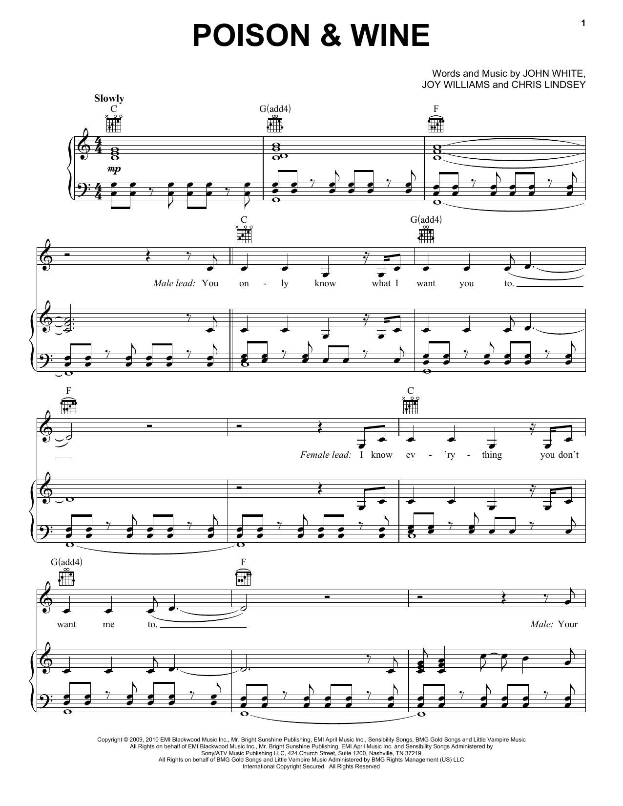 The Civil Wars Poison and Wine Sheet Music