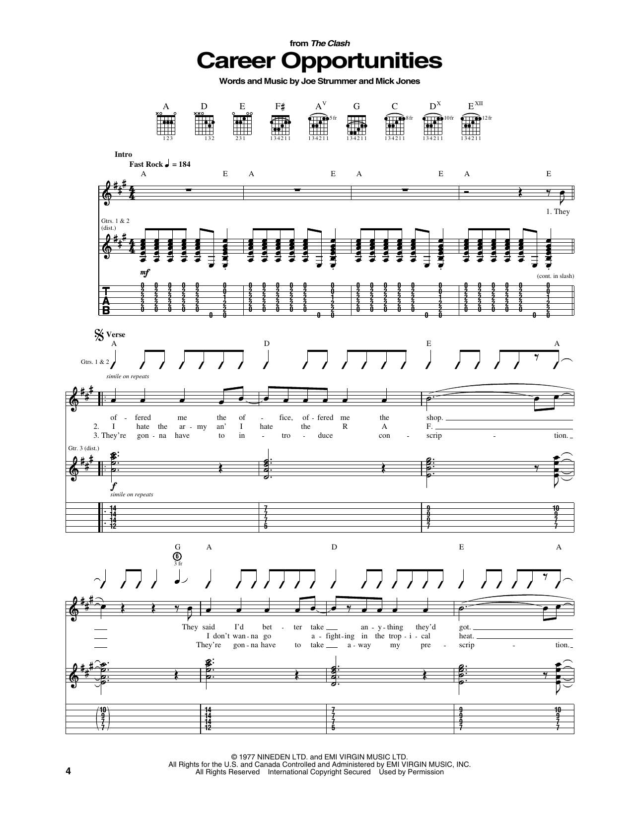 The Clash Career Opportunities Sheet Music
