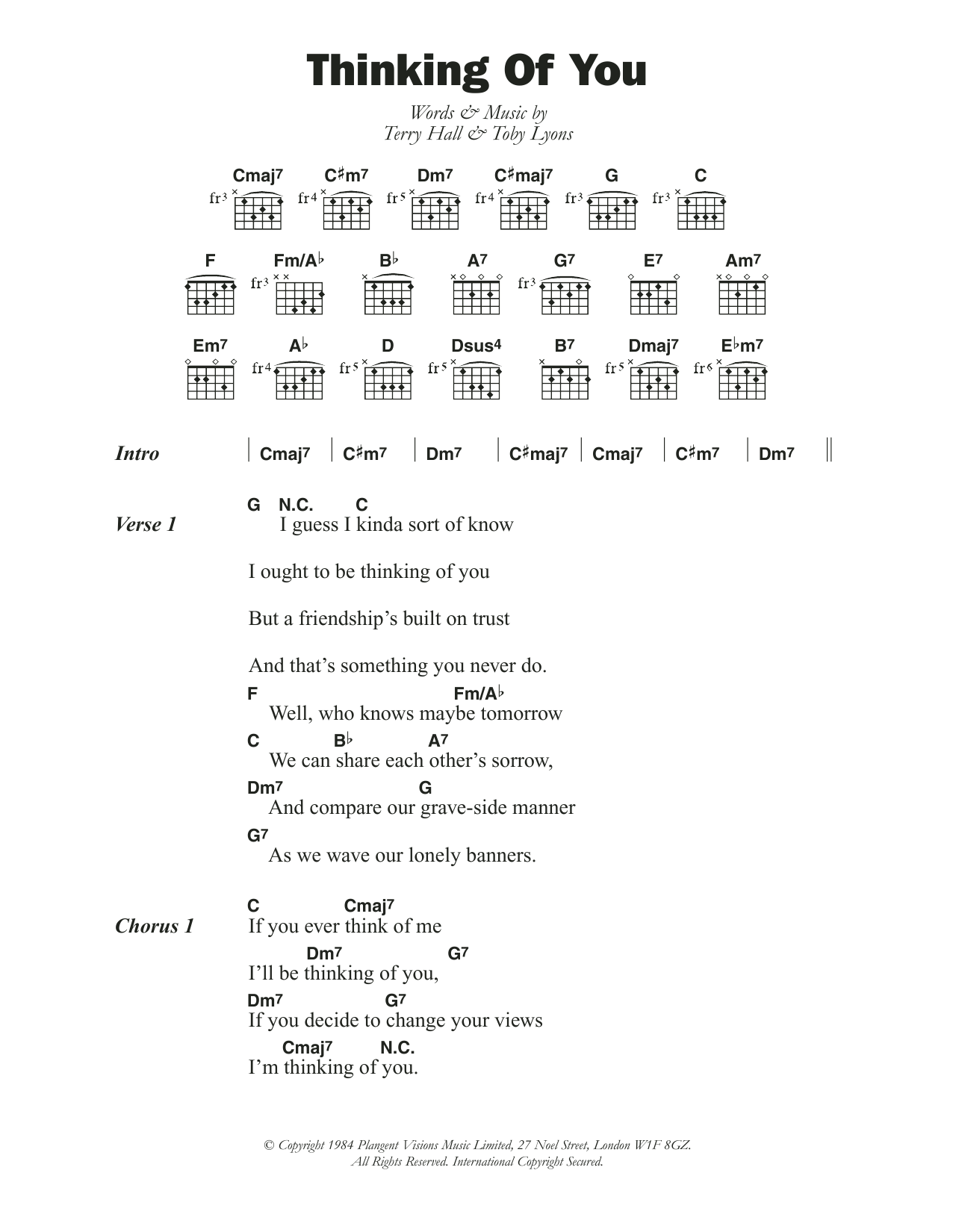 The Colourfield Thinking Of You Sheet Music
