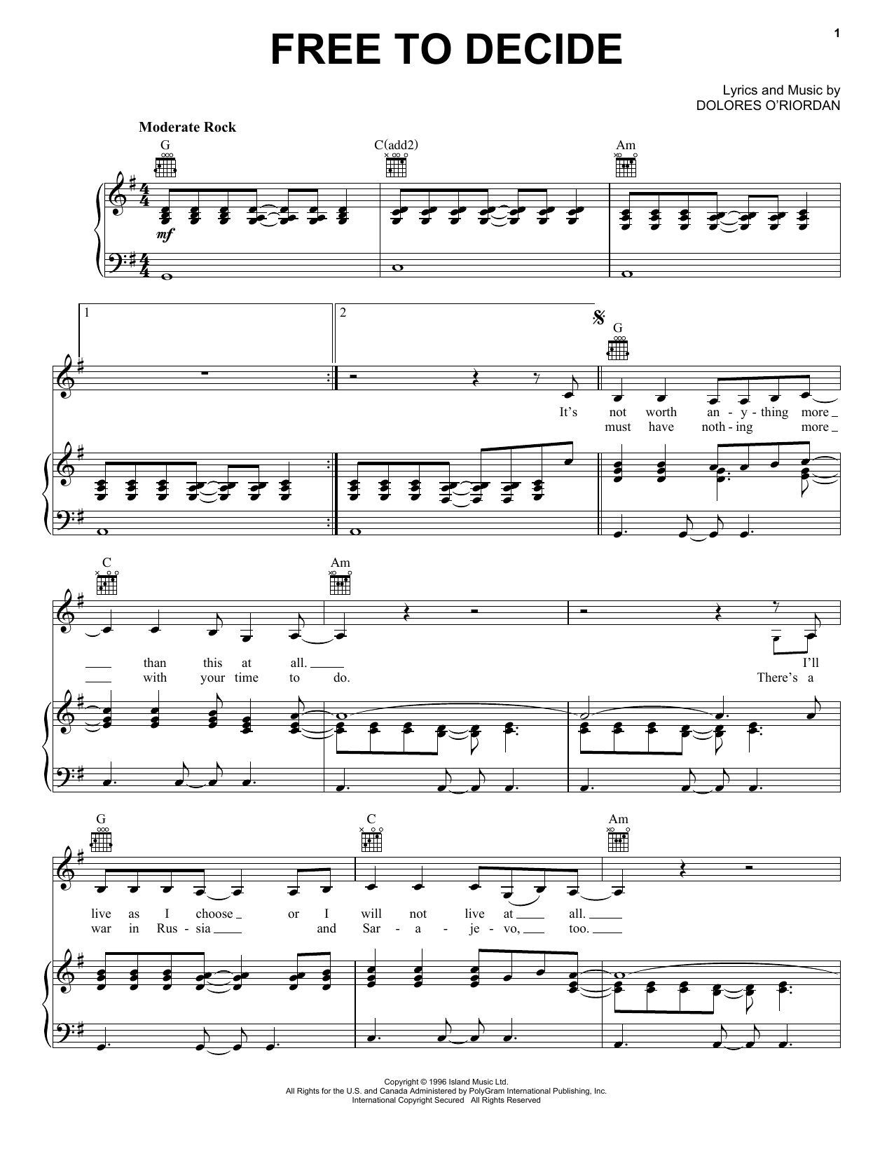 The Cranberries Free To Decide Sheet Music