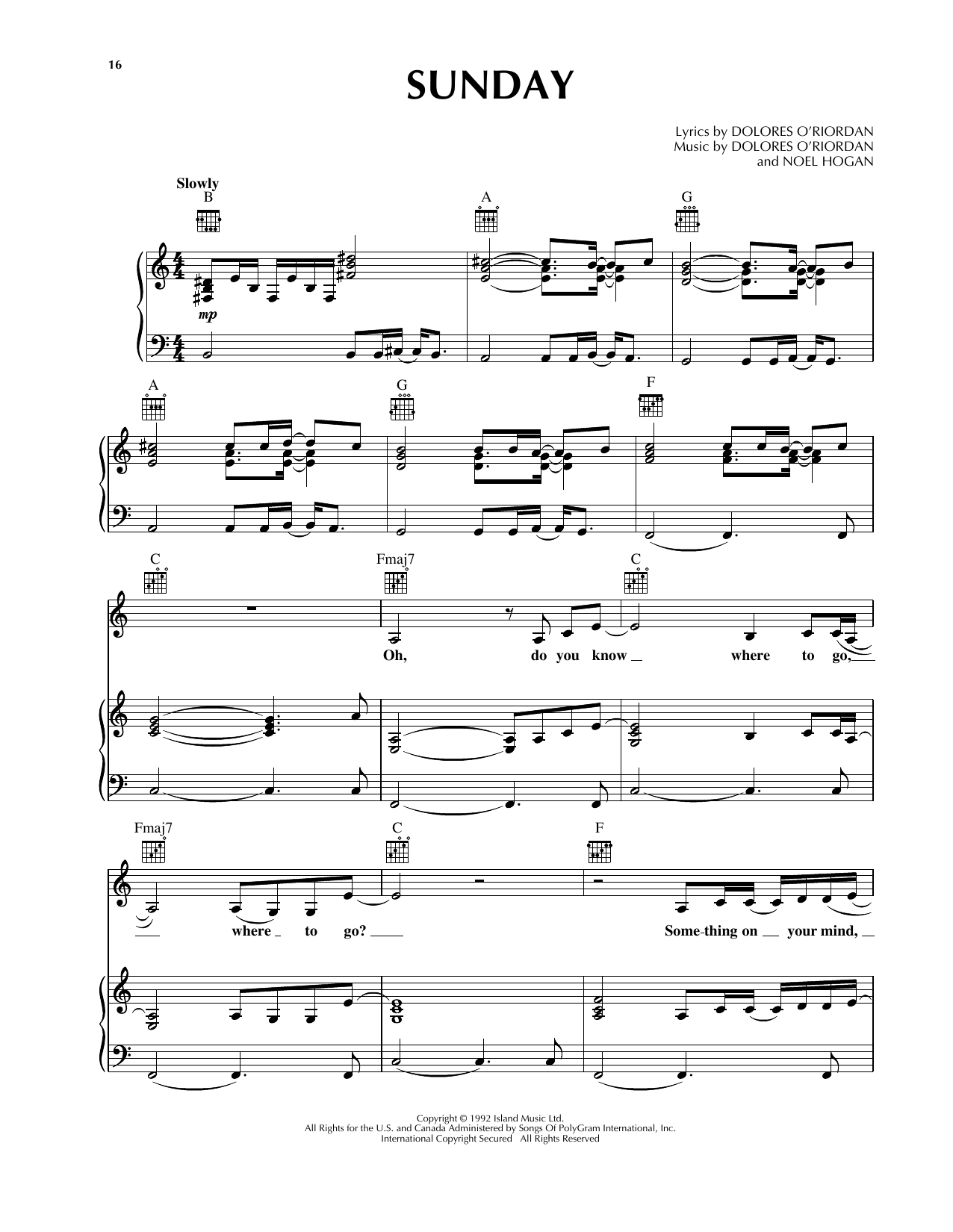 The Cranberries Sunday Sheet Music