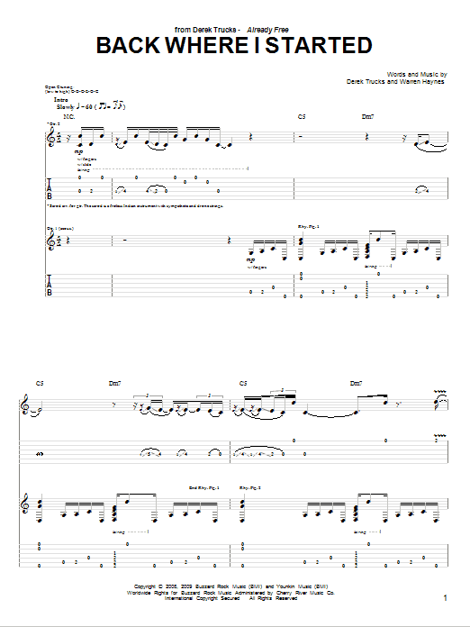 The Derek Trucks Band Back Where I Started Sheet Music