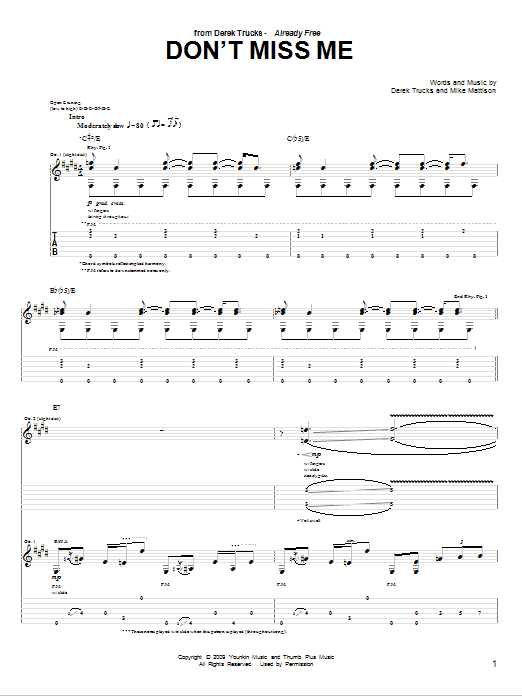 The Derek Trucks Band Don't Miss Me Sheet Music