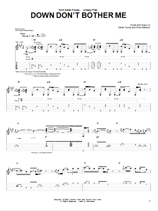 The Derek Trucks Band Down Don't Bother Me Sheet Music