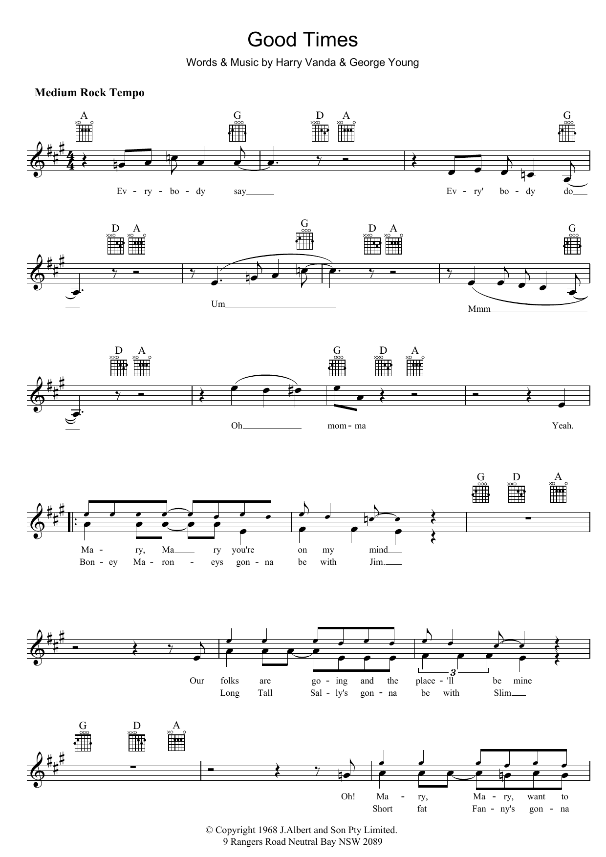 The Easybeats Good Times Sheet Music
