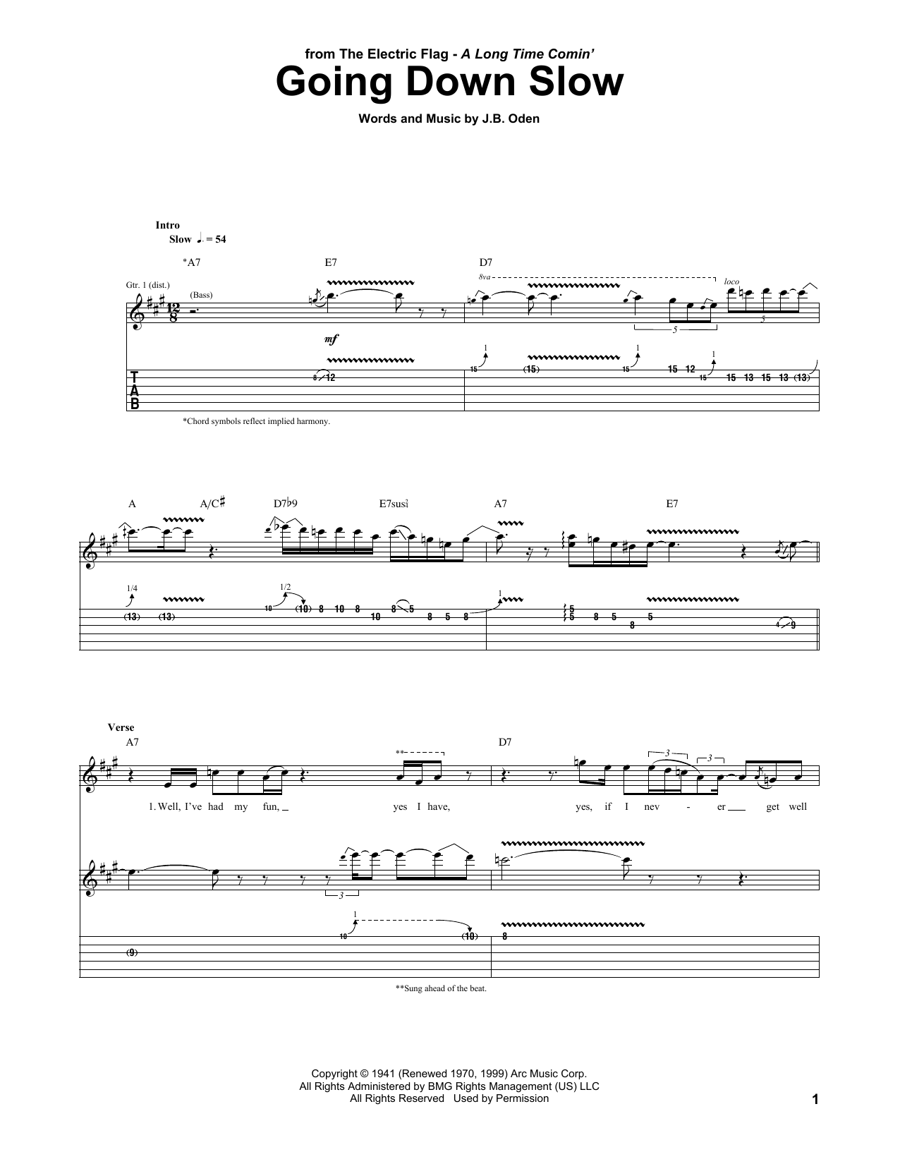 The Electric Flag Going Down Slow Sheet Music