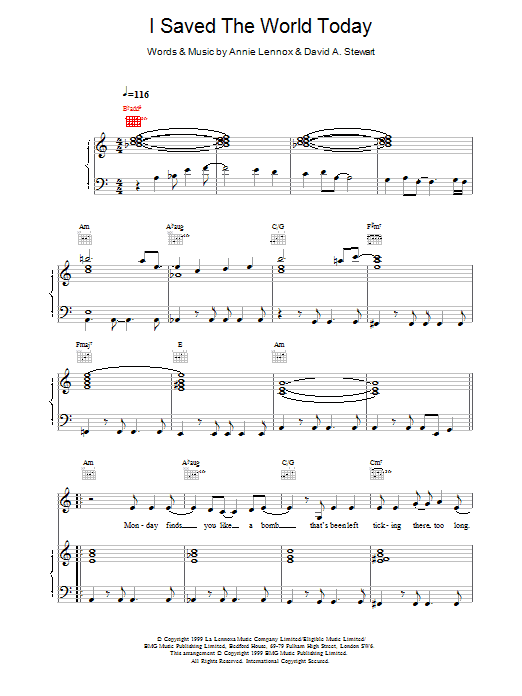 Eurythmics I Saved The World Today Sheet Music