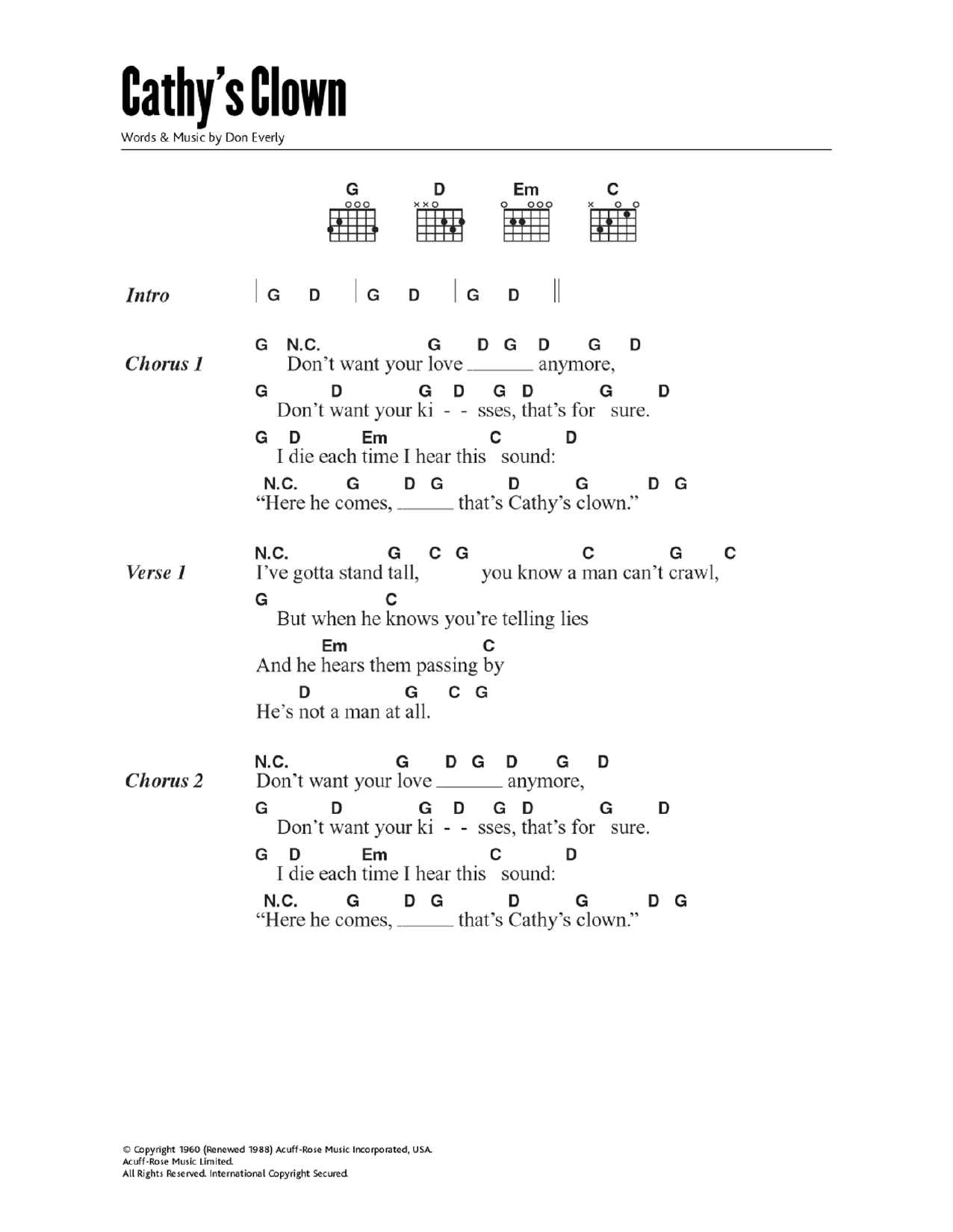 The Everly Brothers Cathy's Clown Sheet Music