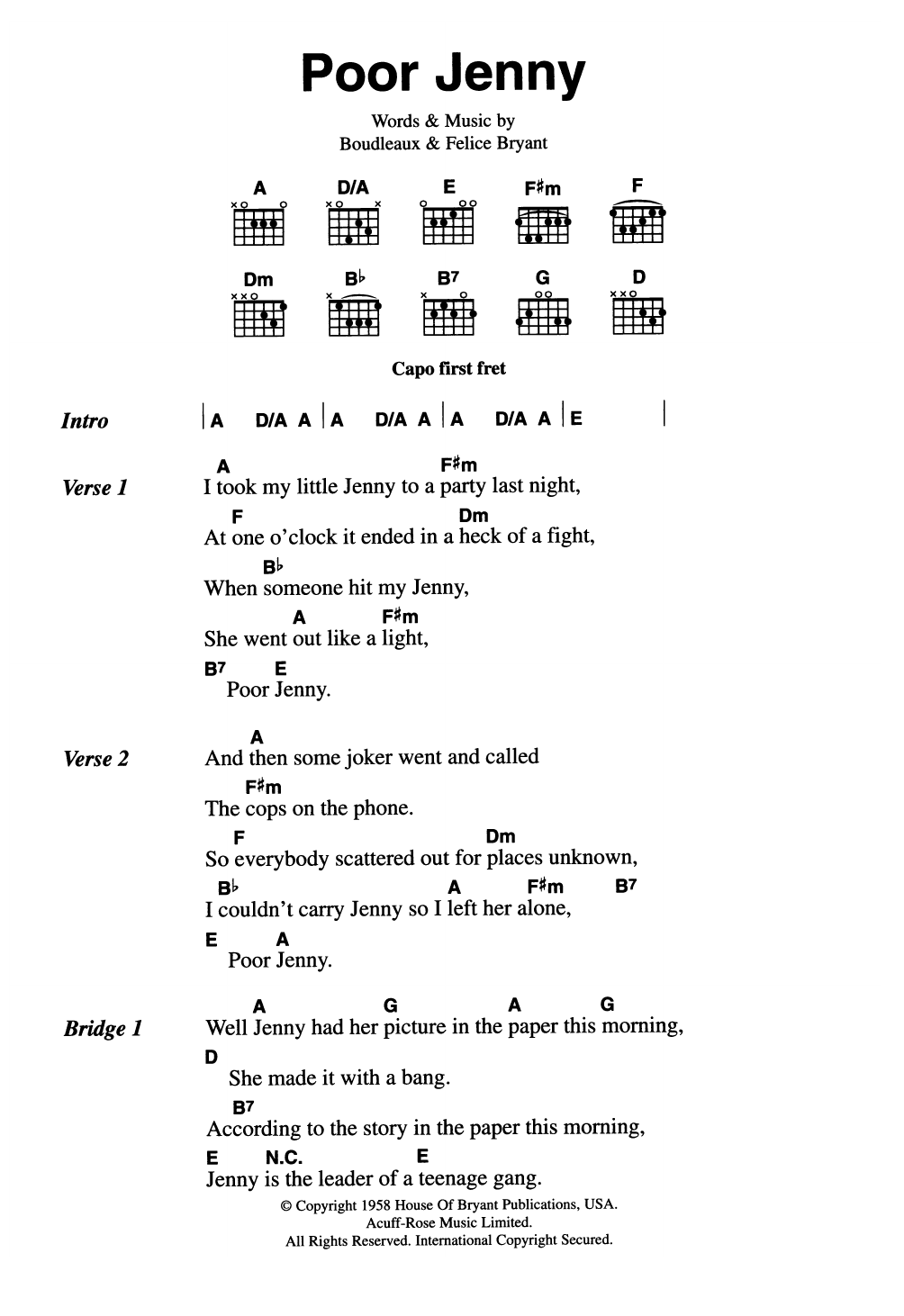 The Everly Brothers Poor Jenny Sheet Music