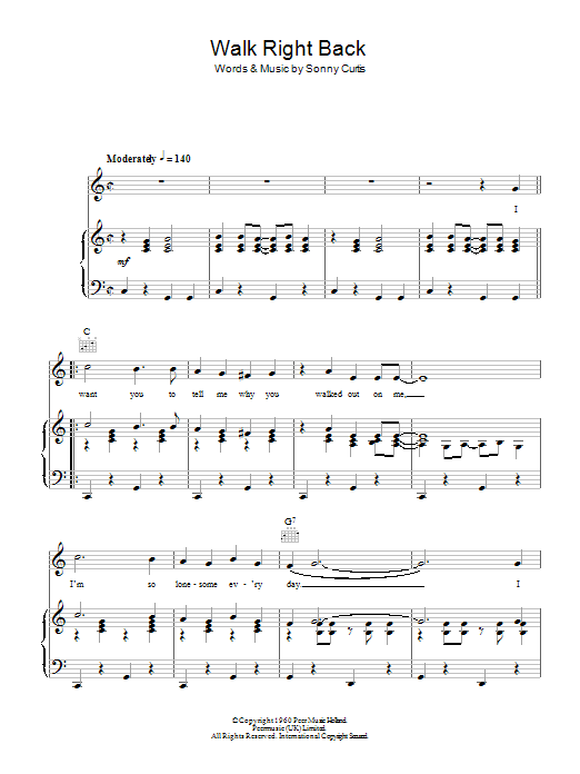 Everly Brothers Walk Right Back Sheet Music