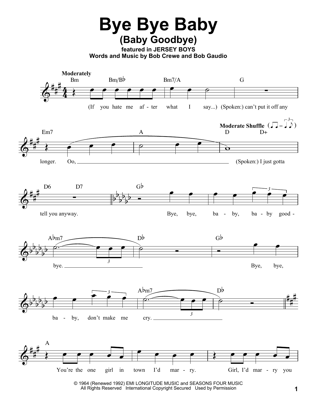 The Four Seasons Bye Bye Baby (Baby Goodbye) Sheet Music