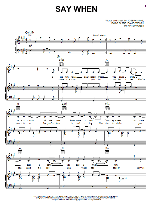 The Fray Say When Sheet Music