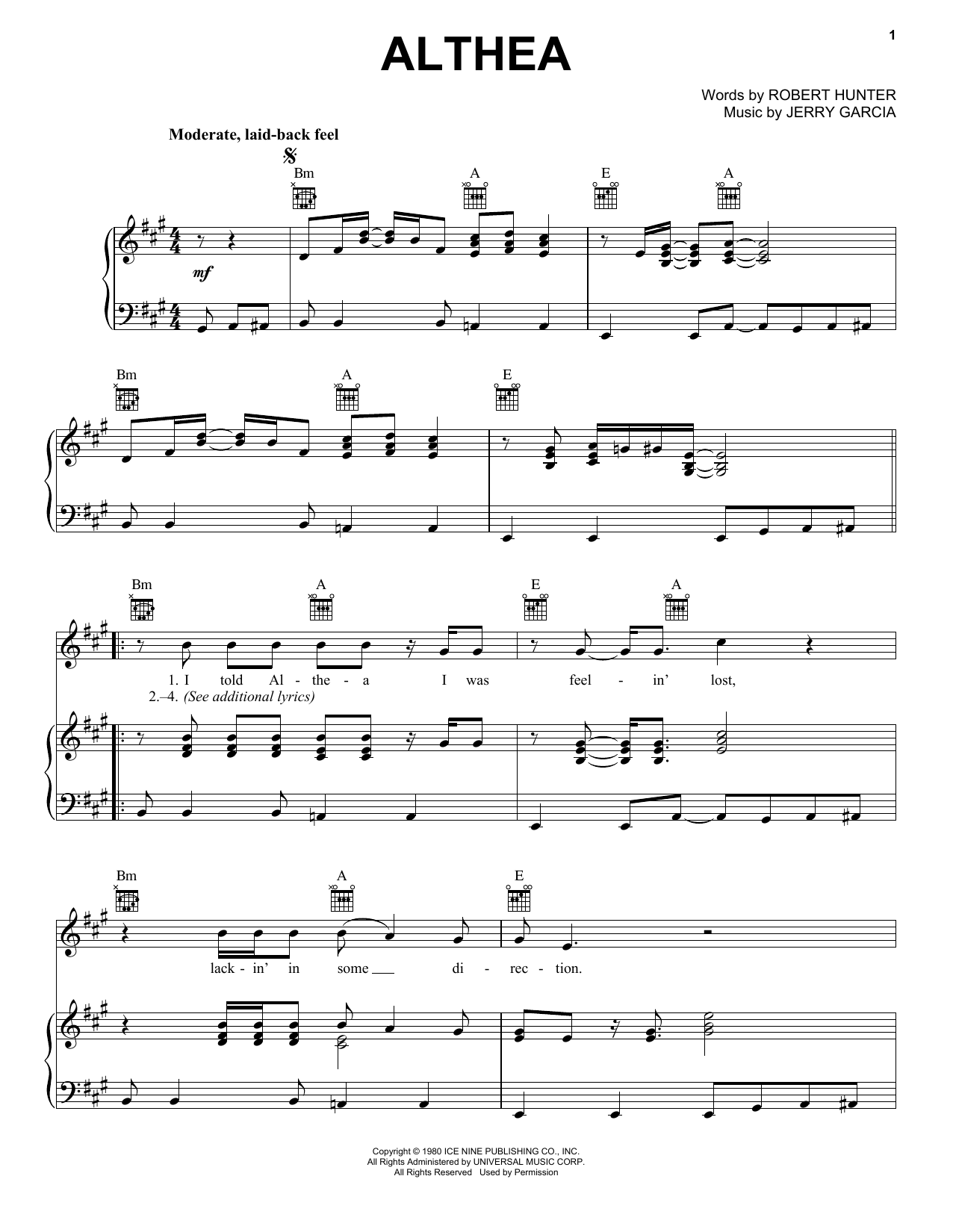 Grateful Dead Althea Sheet Music