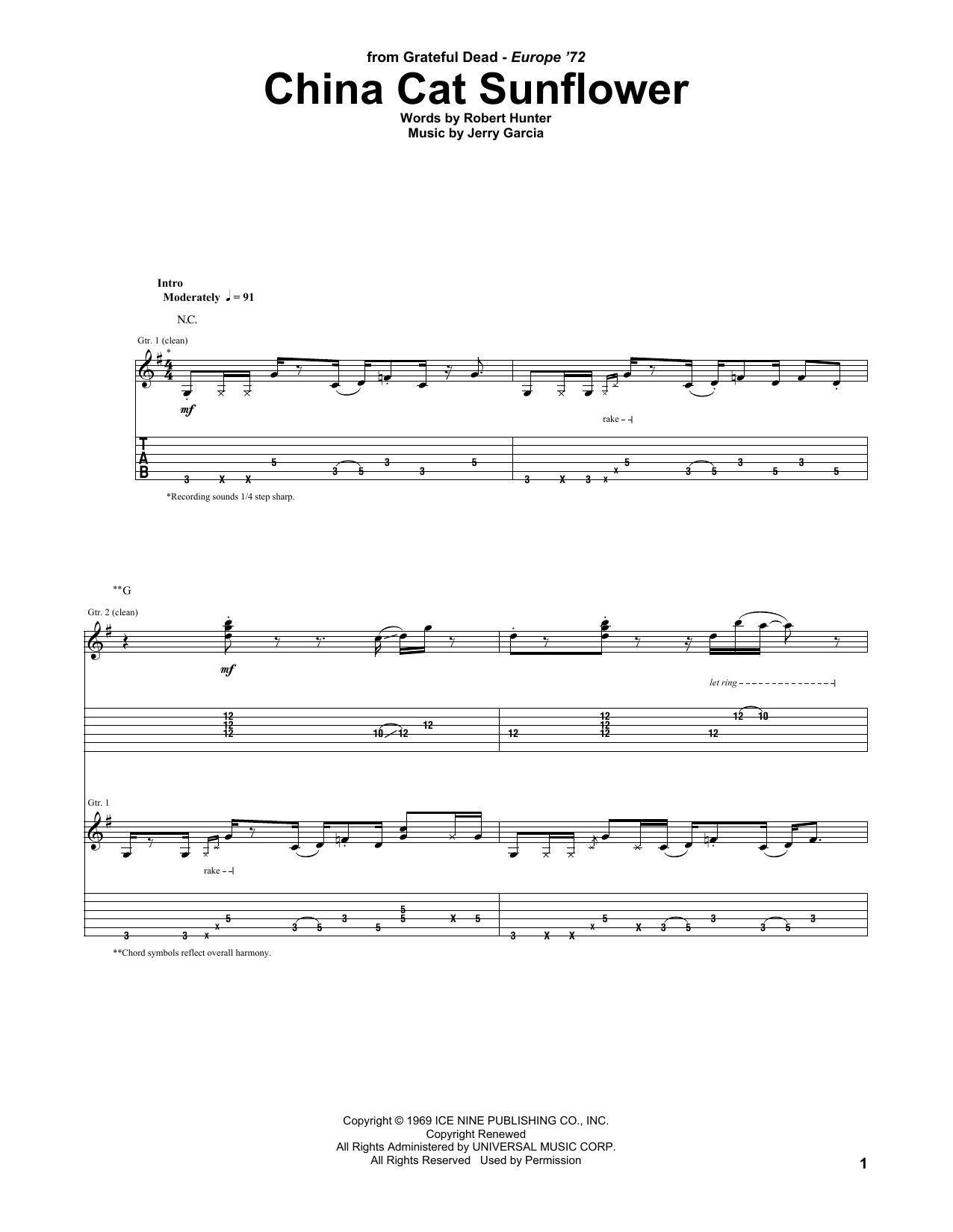 Grateful Dead China Cat Sunflower Sheet Music