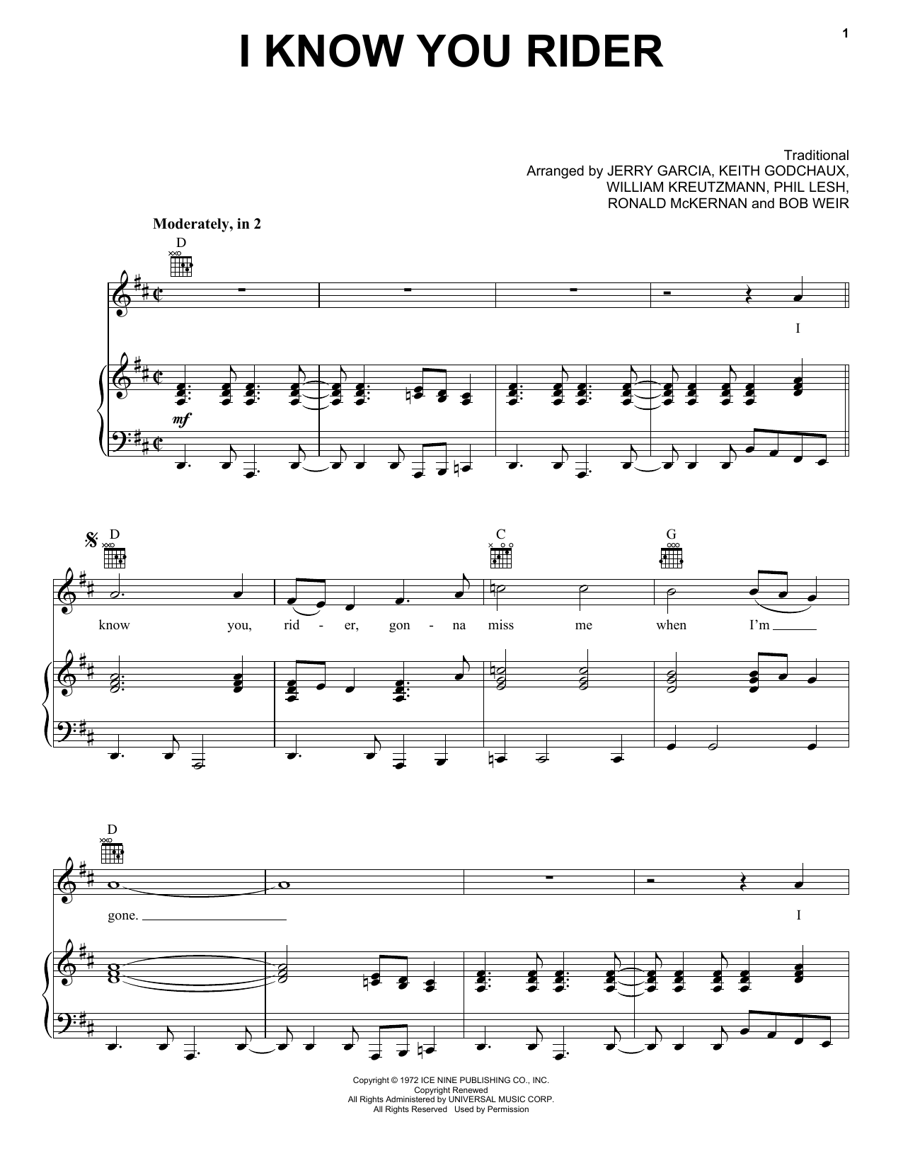 Grateful Dead I Know You Rider Sheet Music