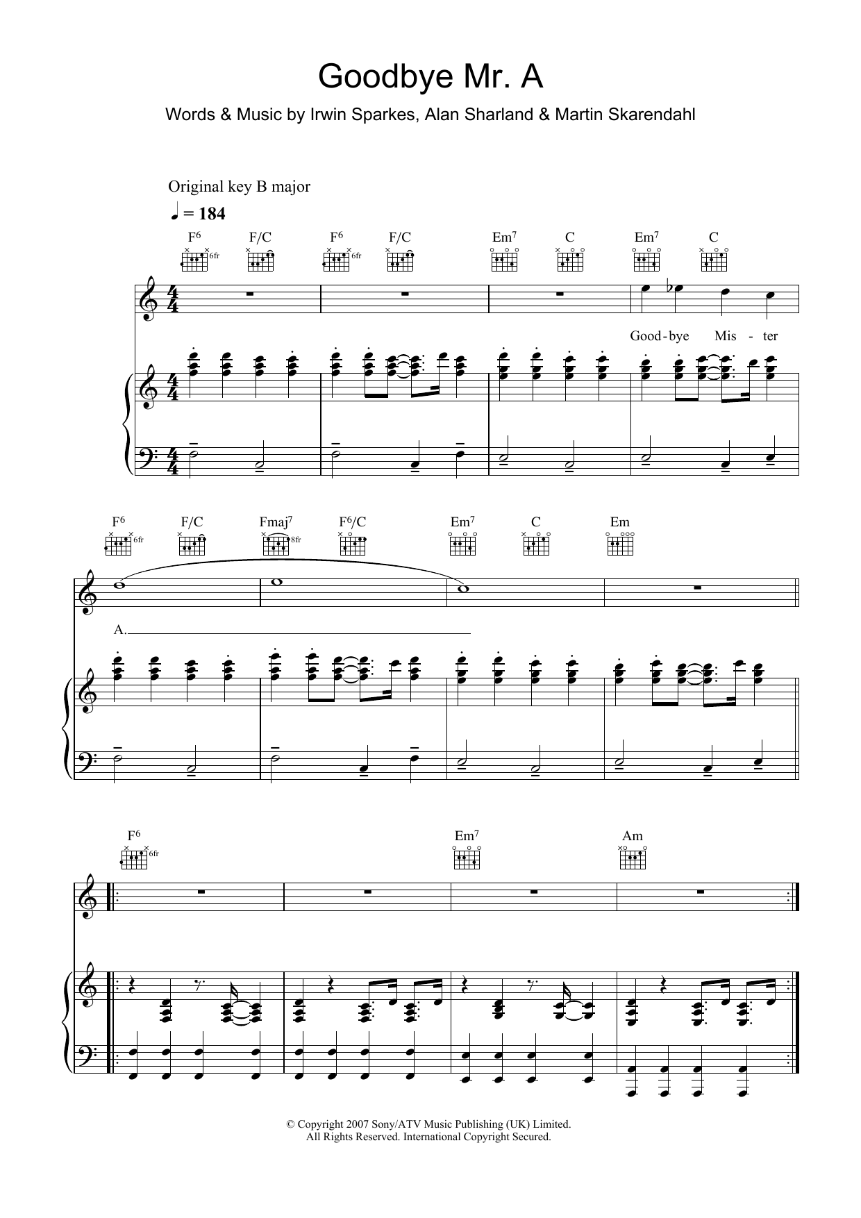 The Hoosiers Goodbye Mr. A Sheet Music