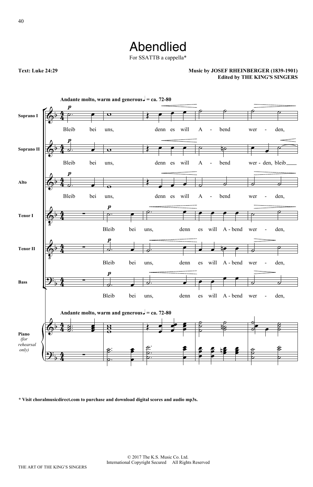 The King's Singers Abendlied Sheet Music