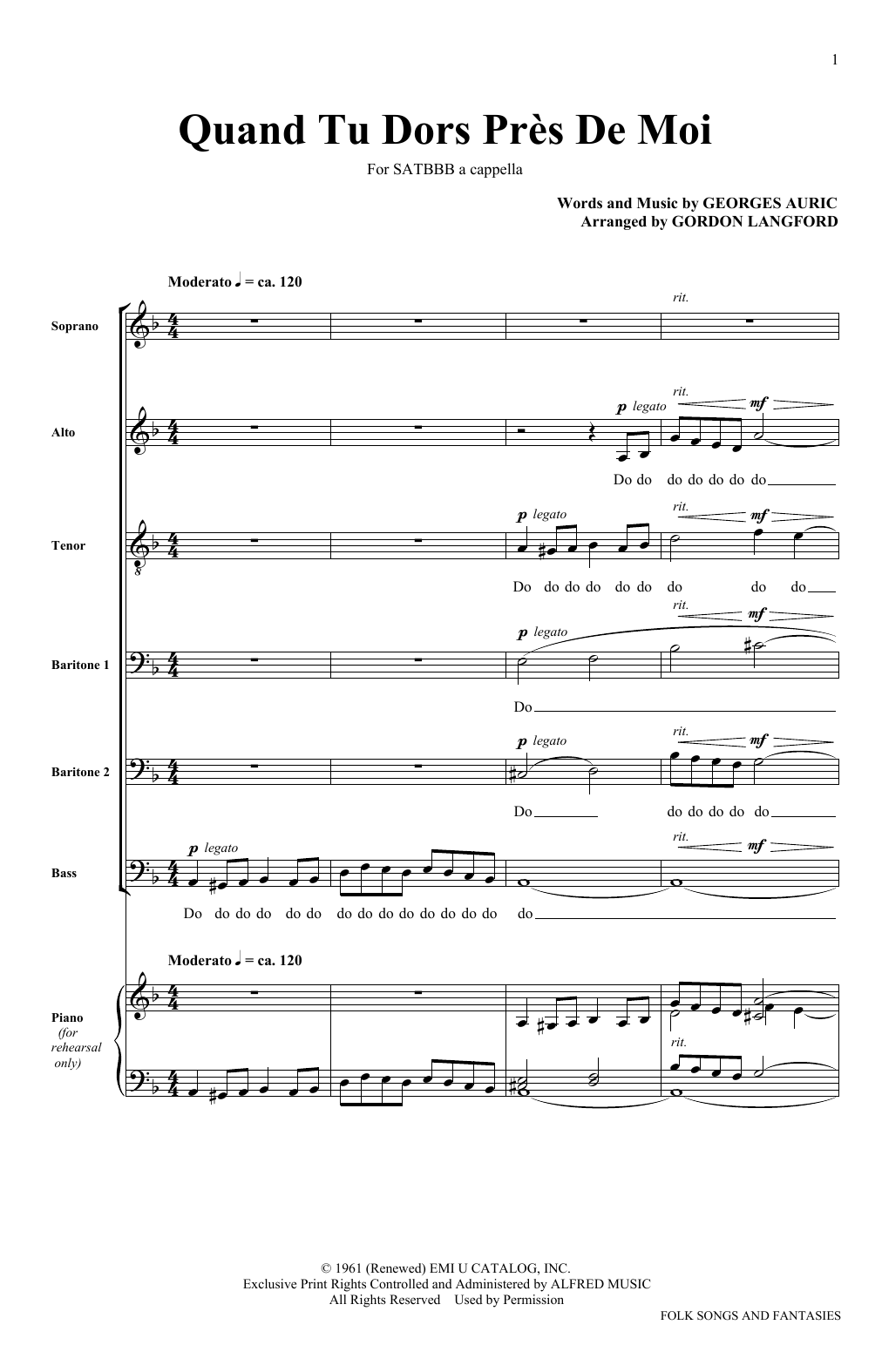 The King's Singers Quand Tu Dors Pres De Moi Sheet Music