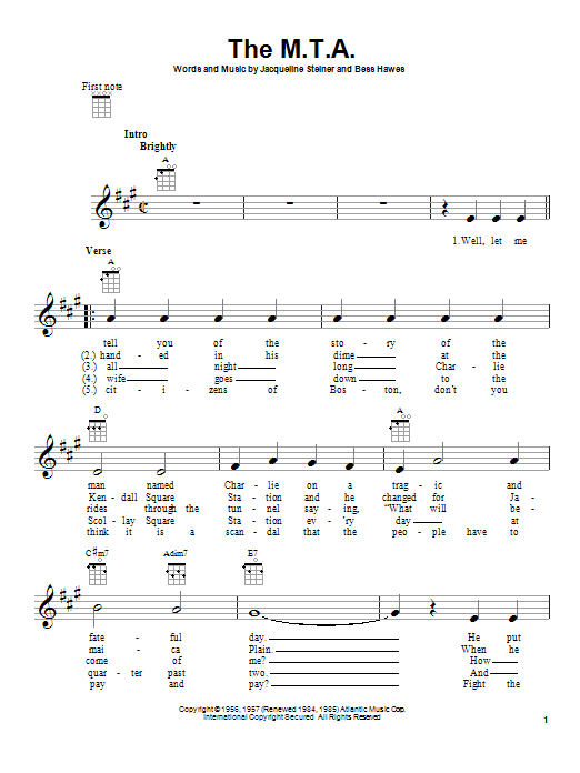 The Kingston Trio The M.T.A. Sheet Music