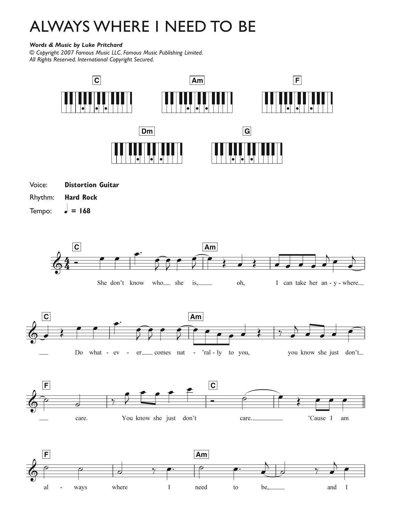 The Kooks Always Where I Need To Be Sheet Music