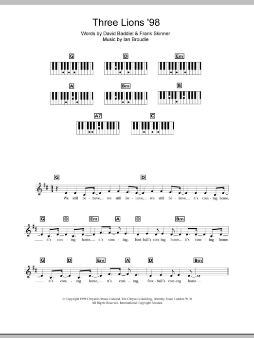 The Lightning Seeds Three Lions '98 (England's World Cup '98 Theme) Sheet Music