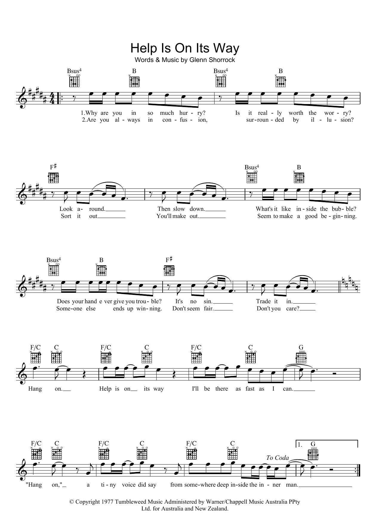 The Little River Band Help Is On Its Way Sheet Music