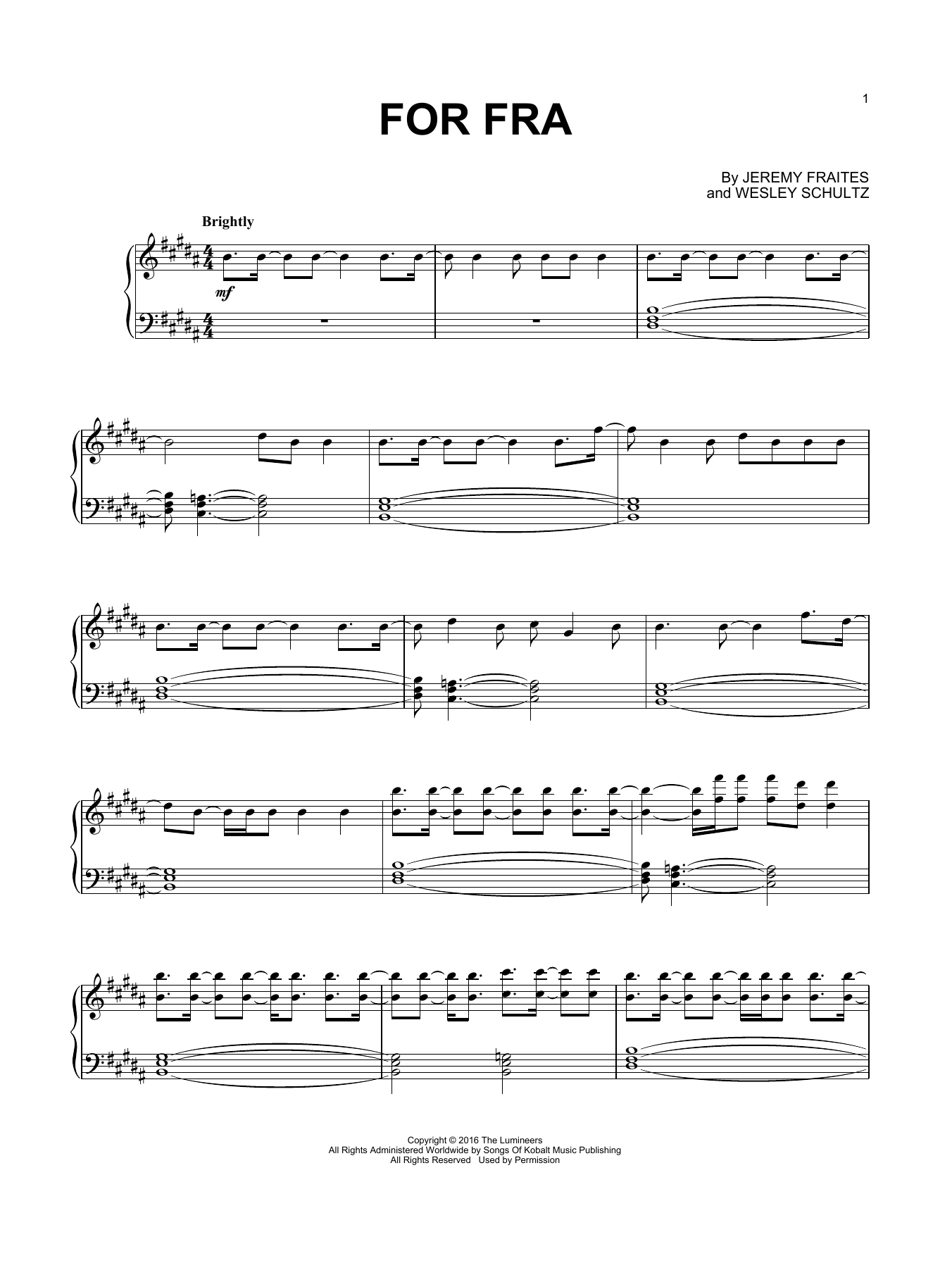 The Lumineers For Fra Sheet Music