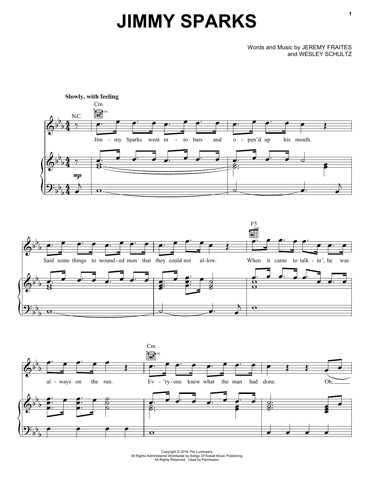The Lumineers Jimmy Sparks Sheet Music