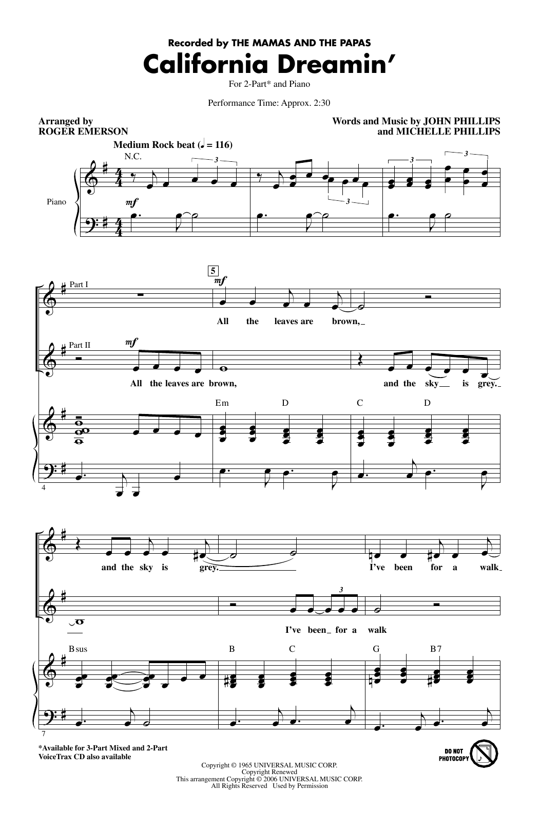 The Mamas & The Papas California Dreamin' (arr. Roger Emerson) Sheet Music