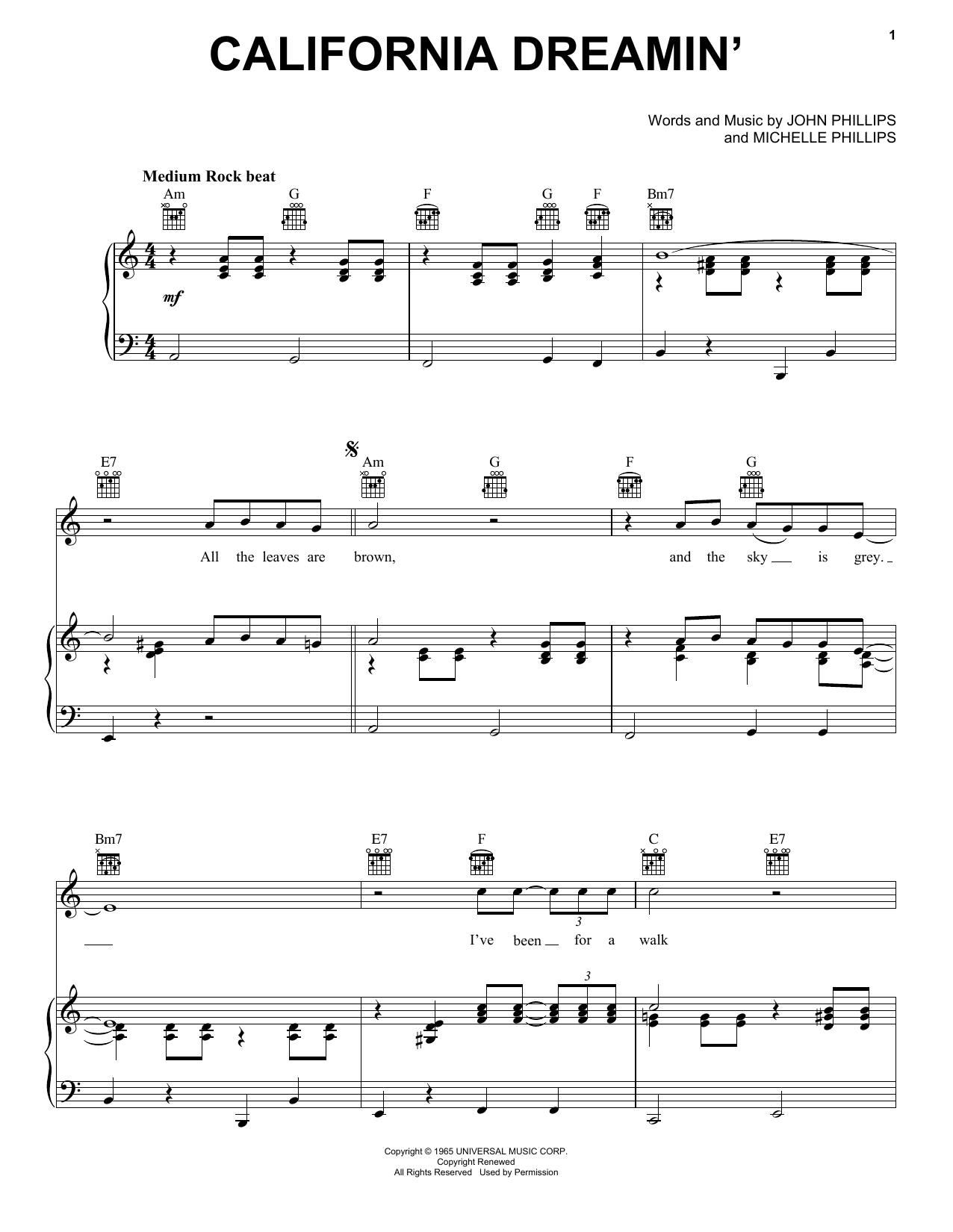 The Mamas & The Papas California Dreamin' Sheet Music