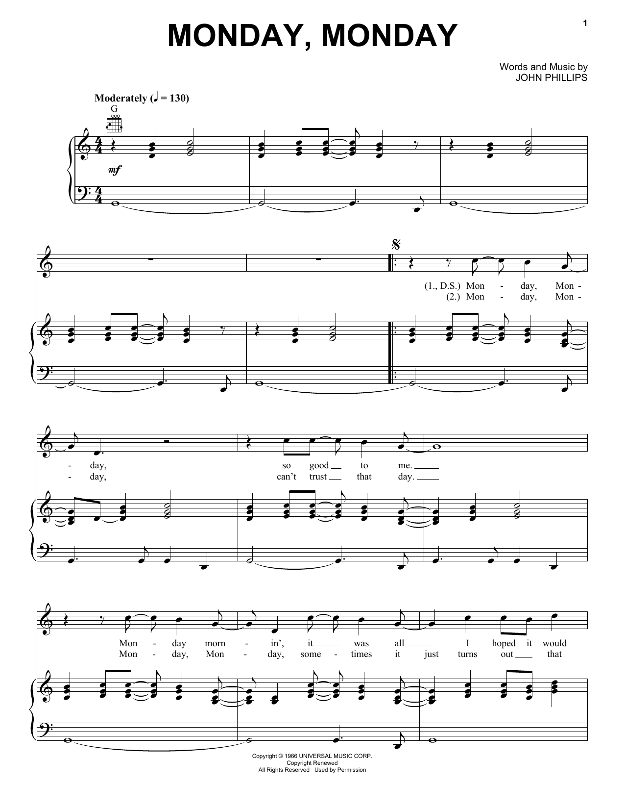 The Mamas & The Papas Monday, Monday Sheet Music
