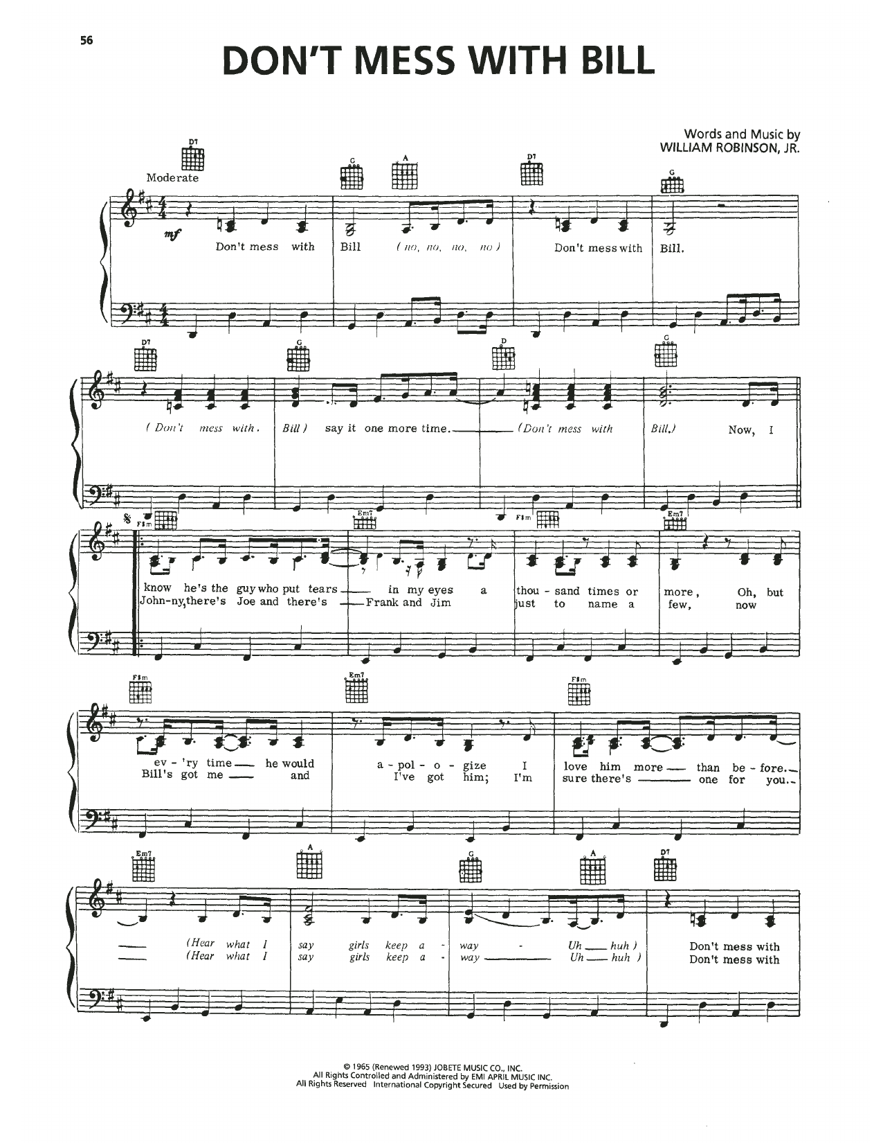 The Marvelettes Don't Mess With Bill Sheet Music