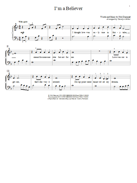 The Monkees I'm A Believer (arr. Carolyn Miller) Sheet Music