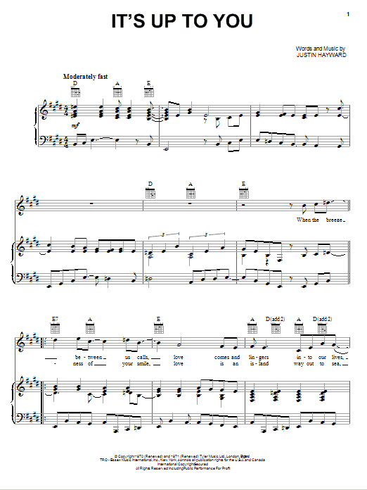 The Moody Blues It's Up To You Sheet Music