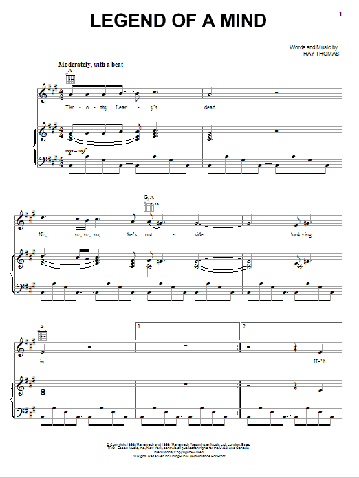 The Moody Blues Legend Of A Mind Sheet Music