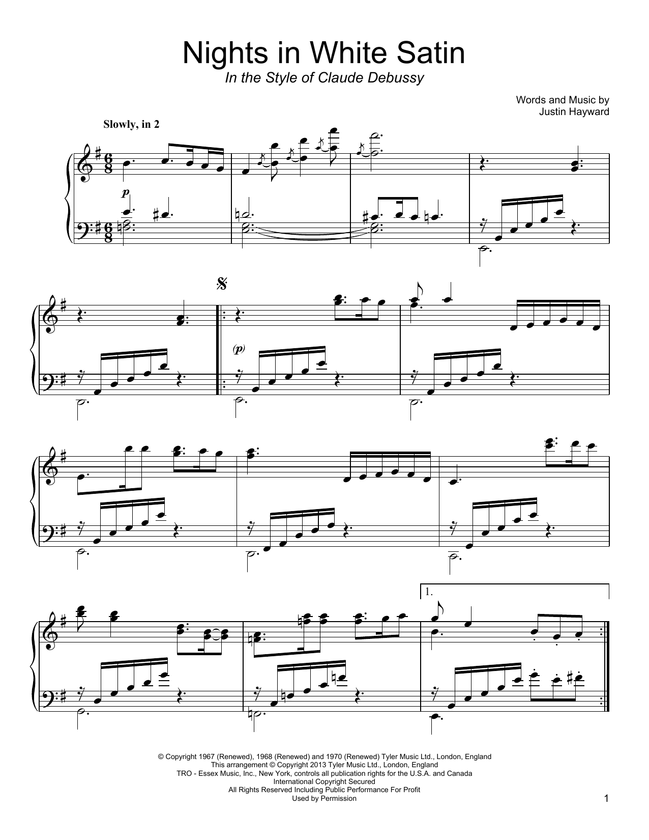 The Moody Blues Nights In White Satin (in the style of Claude Debussy) Sheet Music